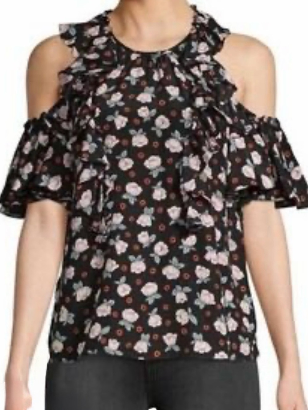 NWOT Rebecca Taylor Women’s Black Floral Cold Shoulder Silk Blouse, Size 2